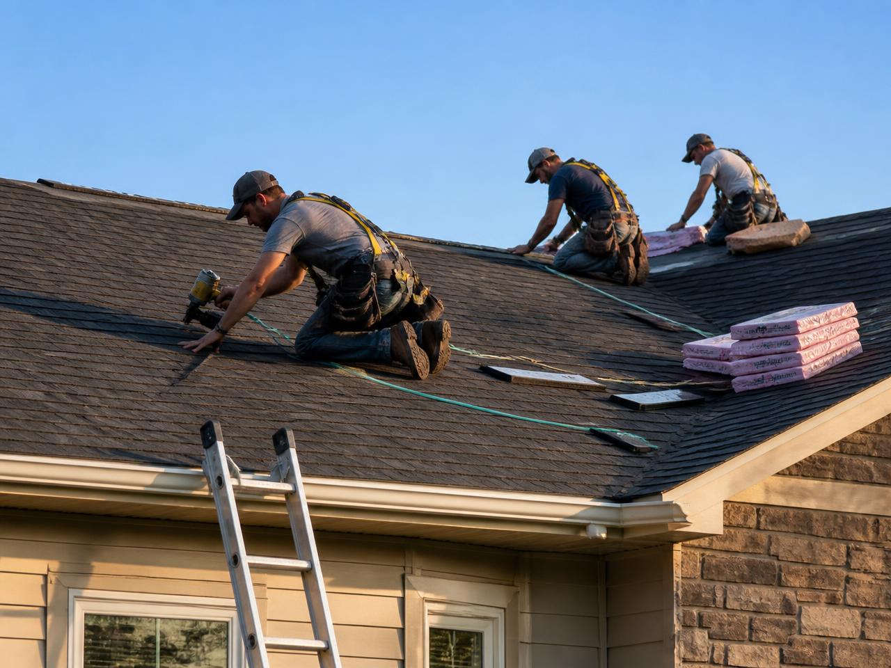 Roofing crew installing shingles on a Kansas home